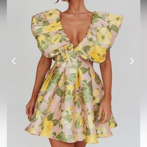 PUFFED NECKLINE MINI DRESS FLORAL PINK/YELLOW